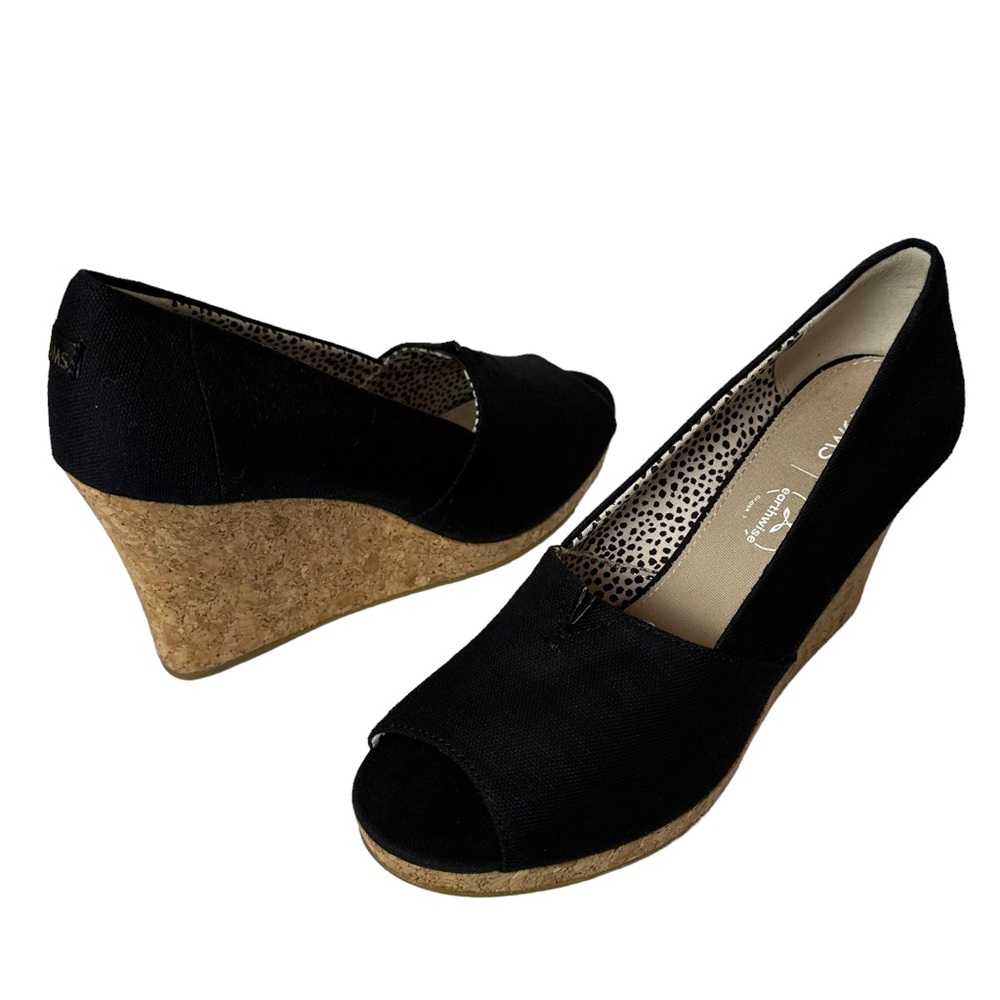 Toms Michelle Black Peep Open Toe Wedge Sandals with Cork Heel Women’s 9